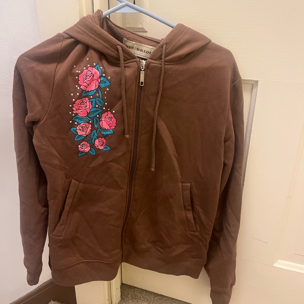 Bit & Bridle Hoodie with Pink Floral Design On Front/Horse Design on Back